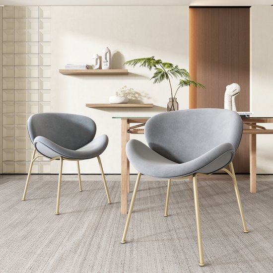 Sweiko Chaise de salle à manger en velours, ensemble de 2 pièces, luxe, salon, chambre à coucher, chaise longue avec quatre pieds en métal doré, gris