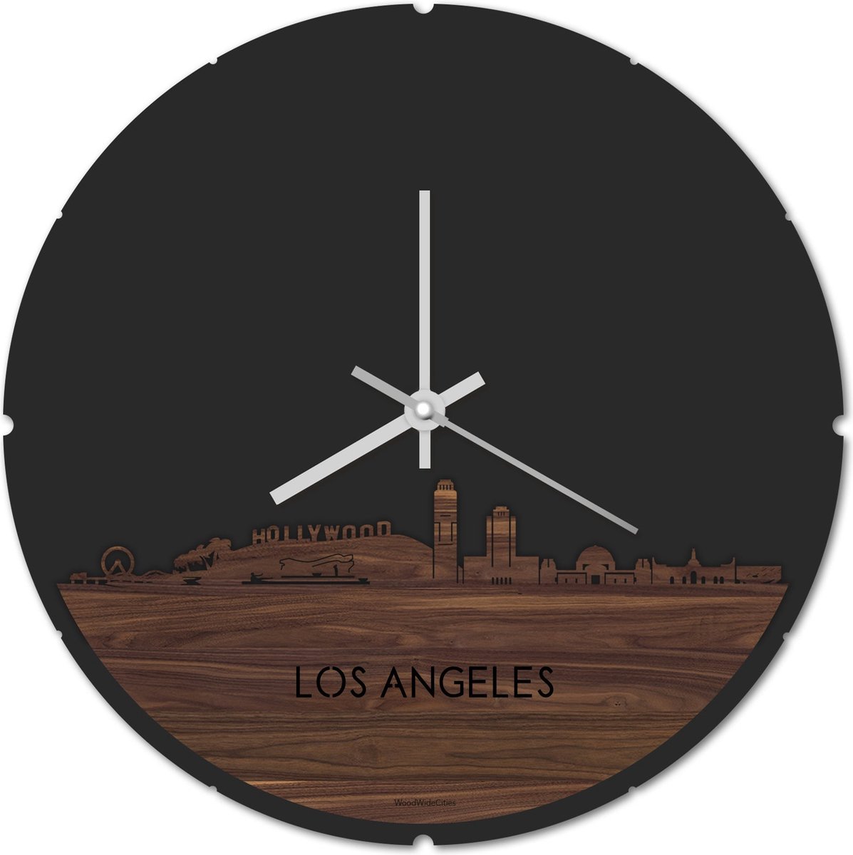 Skyline Klok Rond Los Angeles Notenhout - Ø 44 cm - Stil uurwerk - Wanddecoratie - Meer steden beschikbaar - Woonkamer idee - Woondecoratie - City Art - Steden kunst - Cadeau voor hem - Cadeau voor haar - Jubileum - Trouwerij - Housewarming -