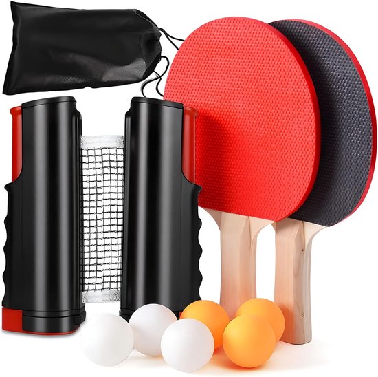 Foto: Tafeltennisbatset tafeltennisset 2 tafeltennisbatjes 6 ballen 1 tas 1 uitschuifbaar net tafeltennisset voor beginners en gevorderden