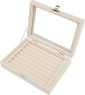 Fluwelen sieradenkistje, sieradenorganizer voor ringen, oorbellen, halsketting, sieraden, displaybox, opbergdoos, sieradenvitrine met deksel, voor vrouwen en meisjes, beige