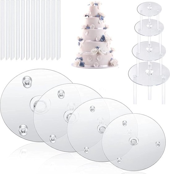 Taartstandaard, taartsteunen voor meerlaagse taart, accessoires, kunststof, taartsteunen, 4 stuks, taartbasis, herbruikbaar (9/12/16/20 cm) met 12 stuks plugstangen verdikt