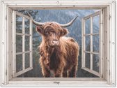 Tuinposter Schotse hooglander - Berg - Koe - Doorkijk - 120x90 cm - Tuindoek - Buitenposter