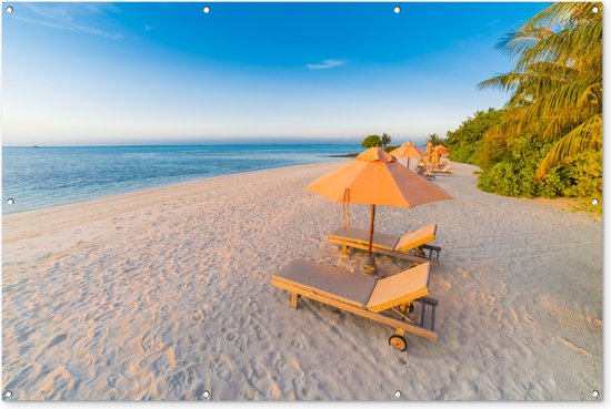 Muurdecoratie Caribisch strand met strandstoel - 180x120 cm - Tuinposter - Tuindoek - Buitenposter