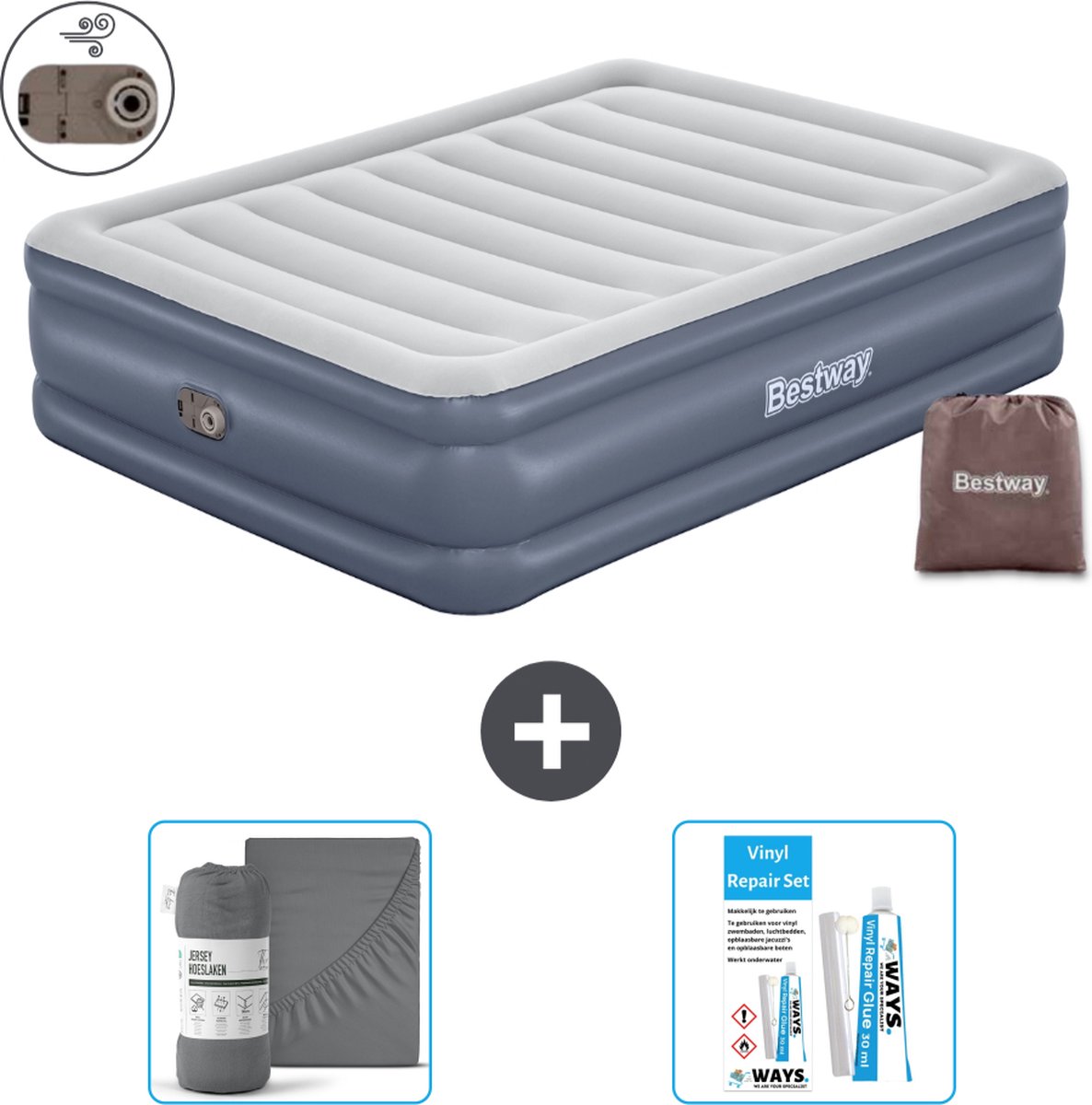 Bestway luchtbed - 2-Persoons - 152 x 203 x 51 cm - Grijs - Inclusief pomp - Hoeslaken en Reparatieset