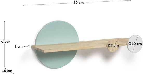 Kave Home - Diti plank in massief natuurlijk dennenhout en wit en turquoise MDF 60 x 26 cm