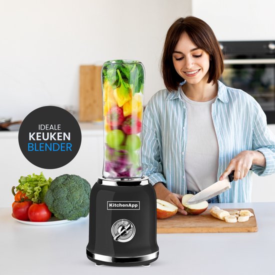 Zwarte retro KitchenApp blender met een volle 600ML beker. Iconen tonen pulse functie, 300W vermogen, makkelijk schoon te maken.