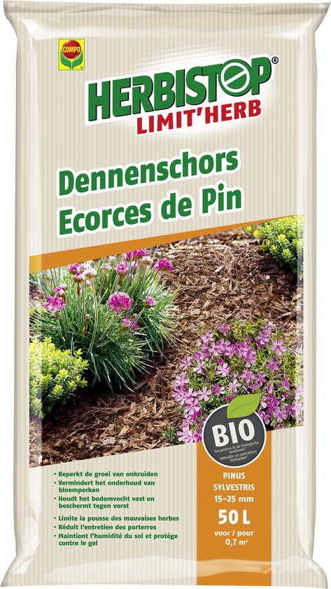 Zak met dennenschors, type Pinus Sylvestris 15-25 mm. Beperkt onkruidgroei. BIO gecertificeerd.