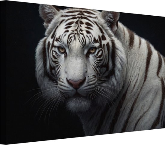 Witte tijger portret schilderij - Tijger wanddecoratie - Schilderij op canvas Dier - Landelijk schilderij - Schilderijen canvas - Decoratie kamer 100x75 cm