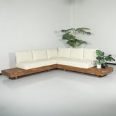 Salon de jardin 5 places en bois d'acacia Donna, canapé d'angle blanc, ensemble de jardin massif avec coussins