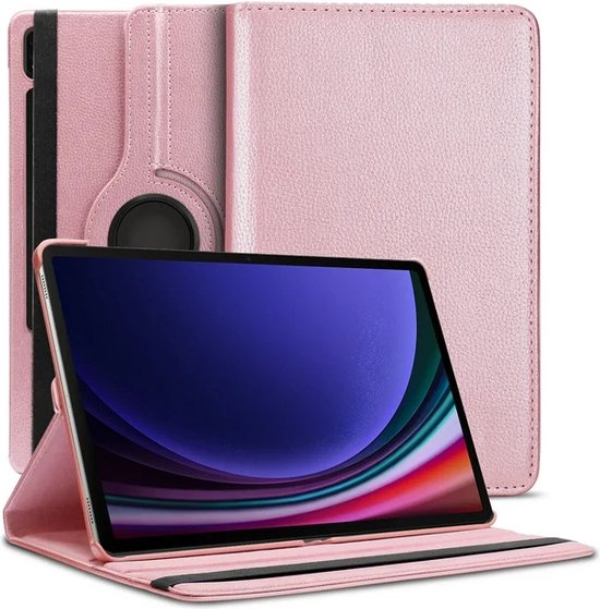 Étui pour tablette rose avec support rotatif, partiellement ouvert, avec tablette.