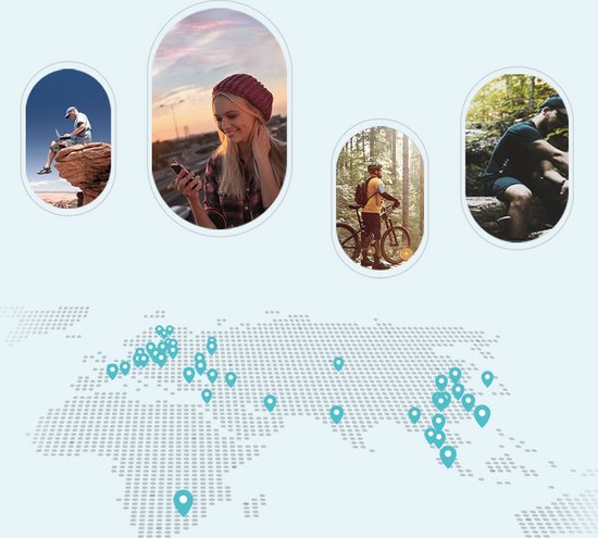 Collage van afbeeldingen van mensen die buiten actief zijn (klimmen, fietsen, luisteren naar muziek) en een wereldkaart met locatiepictogrammen.