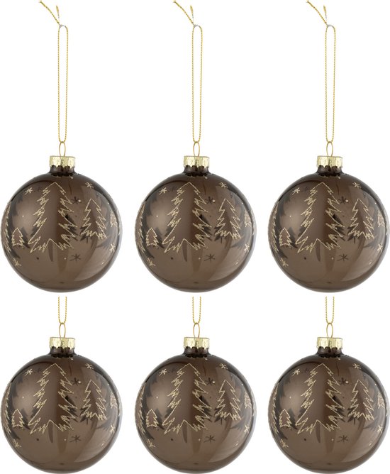 J-Line Doos Van 6 Kerstballen Kerstbomen Bruin Glas Bruin Small