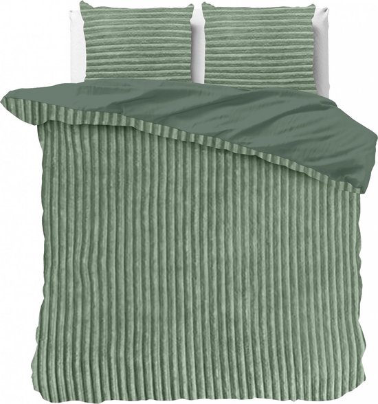 Knuffelzachte teddystof dekbedovertrek Stripes groen - 200x200/220 (tweepersoons) - heerlijk slapen - cosy look - luxe kwaliteit - met handige drukknopen
