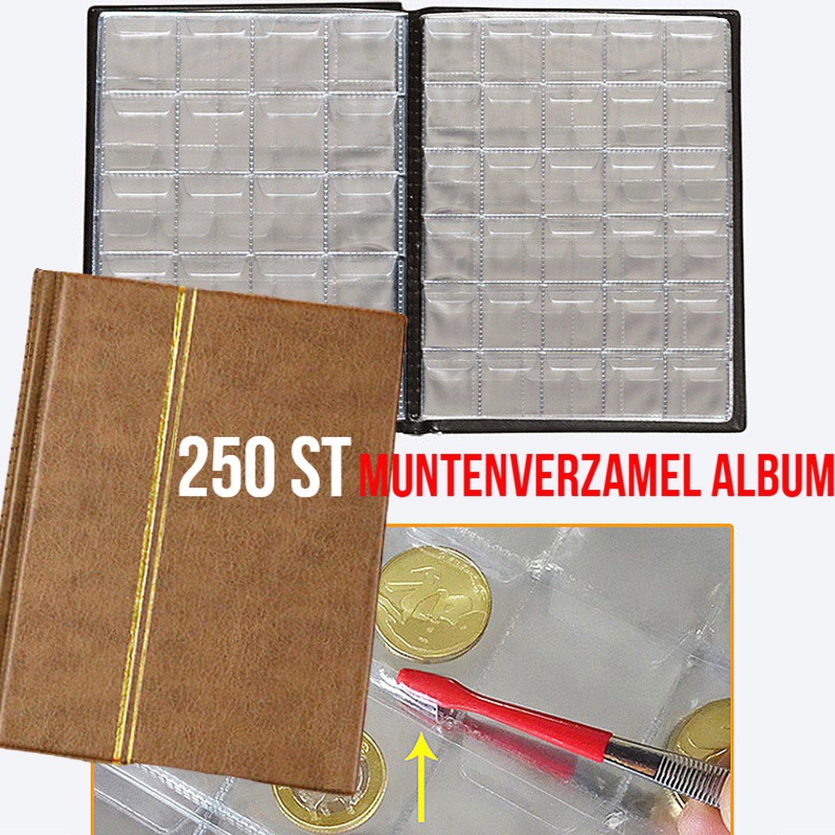 Allernieuwste.nl® Muntenalbum voor 250 Munten met Bescherm-rand tegen Uitvallen - Muntalbum - kleur Beige Bruin