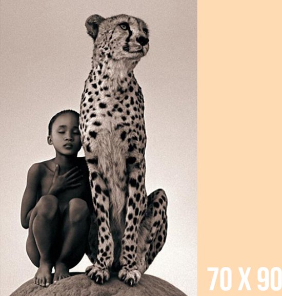 Allernieuwste Canvas Schilderij Afrikaanse Jongen en Cheetah - Wilde Dieren Afrika Cheeta - 70 x 90 cm