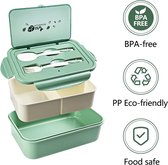 Lunchbox met 3 vakken en vorklepel, 1400 ml, bento, waterdicht, BPA-vrij, lunchbox voor magnetron en vaatwasser, voor volwassenen en kinderen, schoolwerk, groen