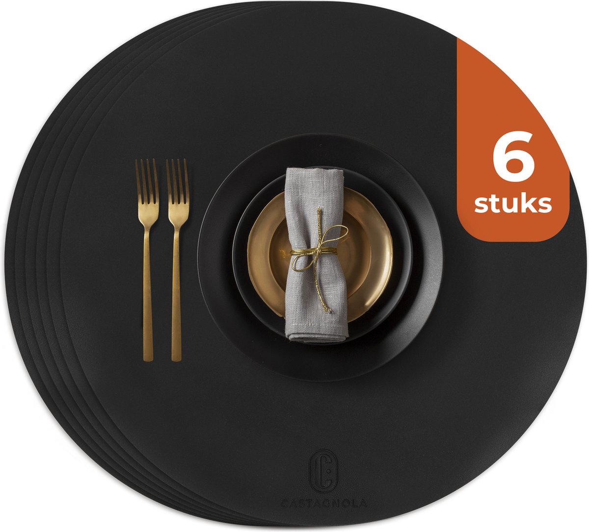 Castagnola Lederlook Placemats - Ronde Placemats - Antislip Placemat van Kunstleer - Waterafstotende Onderlegger - Onderzetter - 6 Stuks - Diameter 38 cm - Zwart