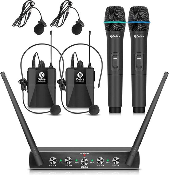 Foto: Debra pro uhf 4 kanaals draadloos microfoon systeem met headsets handheld interview zender 2 microfoons incl zender