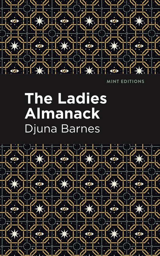 Boekcover met geometrisch patroon in zwart, goud en wit. Titel: The Ladies Almanack.