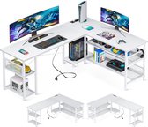 Gaming tafel L-vorm omkeerbaar bureau met stopcontacten en USB-laadpoorten - wit - 168 x 120 cm - maximale organisatie