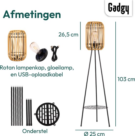Afmetingen Gadgy rotan lantaarn: kap 26,5 cm, hoogte 103 cm, diameter 25 cm. Met USB-kabel.