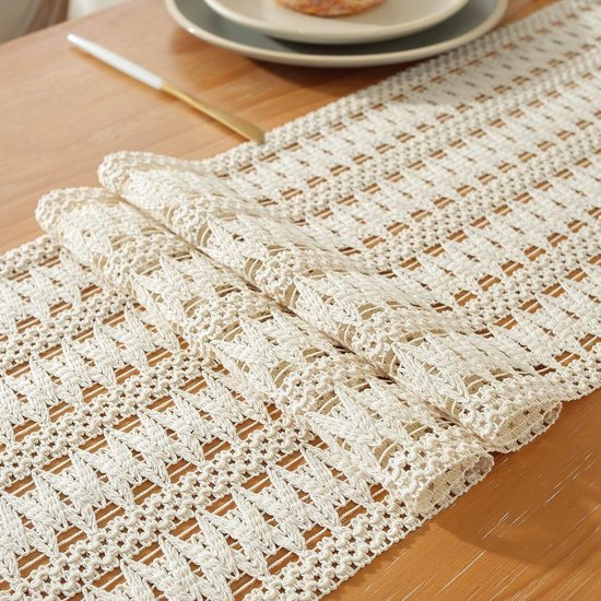 Tafelloper Boho Beige Macrame Tafelloper Rechthoekig Gehaakte Kant Mesh Tafelkleed Tafel Runner Landelijke stijl, 33 x 183 cm