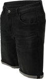 Een zwarte jeansshort met omgeslagen broekspijpen, zichtbaar van de voorkant met een knoopsluiting.