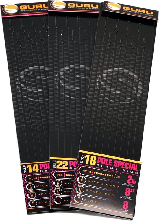 Guru Pole Special Rigs 8 - Lignes inférieures - 20cm - Hameçon 16 - 0.11mm - 8 Pièces - Zwart