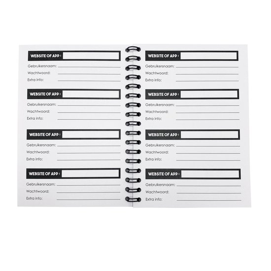 Open notitieboek met twee kolommen aan opschrijfruimte voor website/app, gebruikersnaam, wachtwoord en extra info.