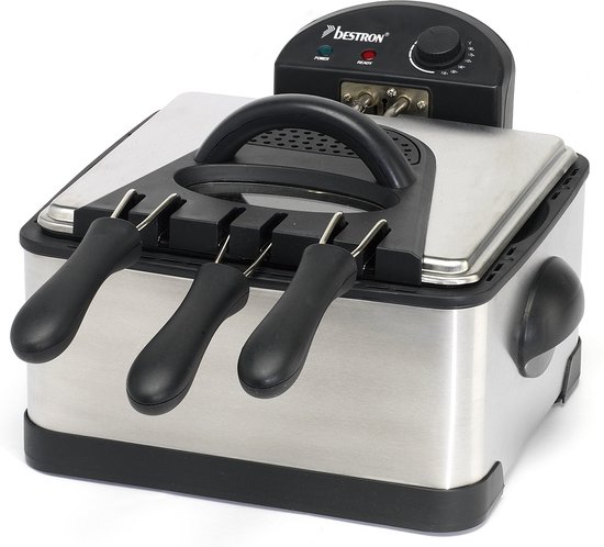 Bestron XL Frituurpan met 3 frituurmanden, incl. koude zone technologie & uitneembare oliecontainer, 4 liter, vaatwasmachinebestendig, 2000 W, roestvrij staal, kleur: zilver