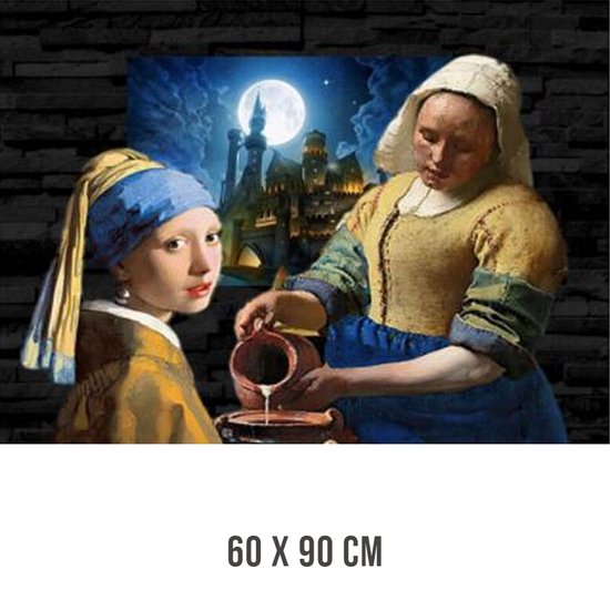 Allernieuwste® Canvas Johannes Vermeer Melkmeisje PLUS Girl with a Pearl Earring - Compilation - Couleur - 60 x 90 cm