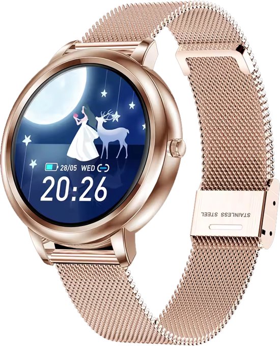 Darenci Smartwatch Classy Pro- Smartwatch dames - Smartwatch heren - Activity Tracker - Touchscreen - Stalen band - Dames - Heren - Horloge - Stappenteller - Bloeddrukmeter - Verbrande calorieën - Zuurstofmeter - Rosegoud - Spatwaterdicht