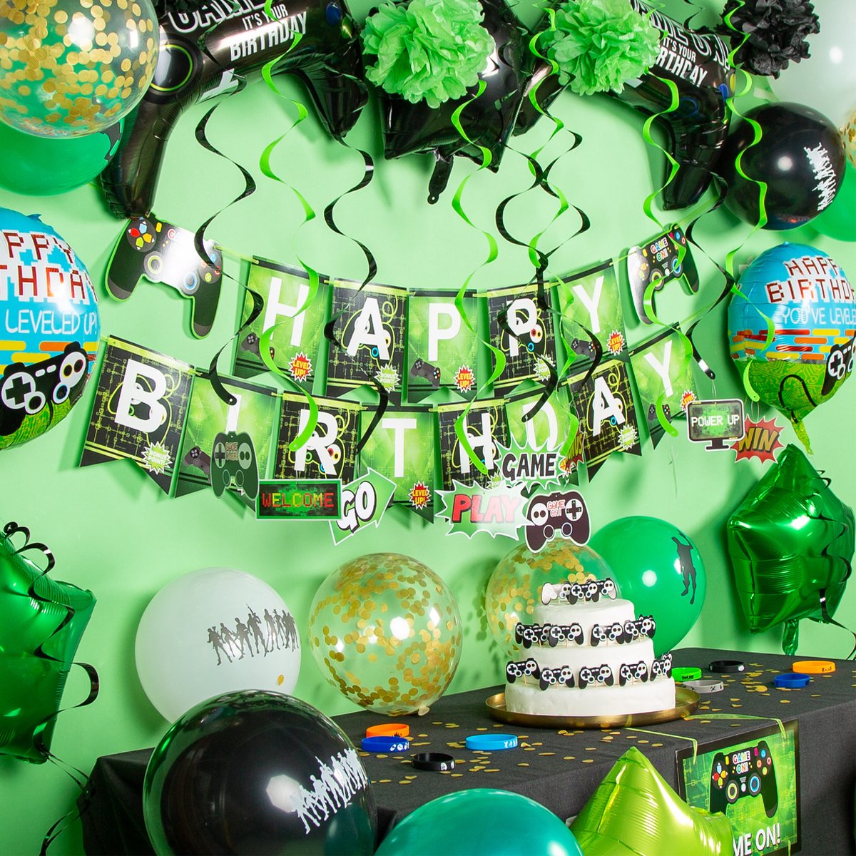 Fissaly 100 Stuks Video Game Verjaardag Versiering Set met Ballonnen - Groen — afbeelding 4
