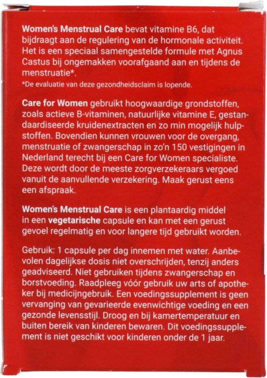 Achterkant doosje met informatie over Menstrual Care, vitamine B6, Agnus Castus en gebruik.