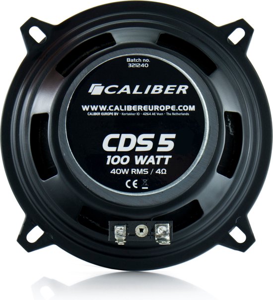 Zwarte Caliber luidspreker achterkant met tekst: CDS 5, 100 WATT, 40W RMS/4 Ohm.