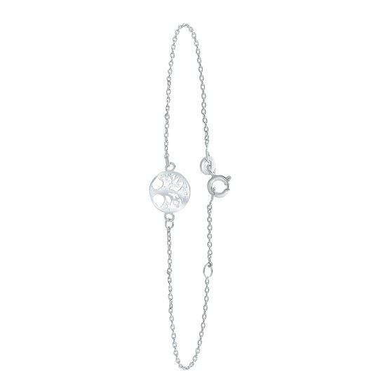 Bracelet argenté avec une fine chaîne et un pendentif arbre de vie circulaire ajouré.