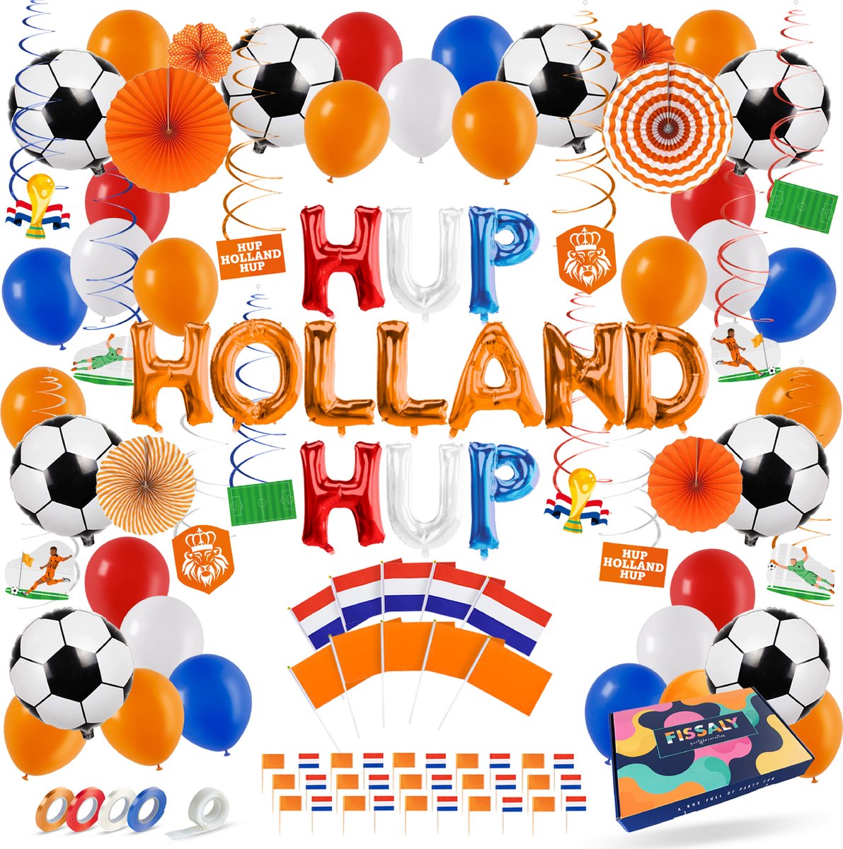 Fissaly 114 Stuks Nederland Decoratie Set – Rood, Wit, Blauw & Oranje Versiering – HUP HOLLAND HUP - Nederlands Thema Feest - WK Voetbal
