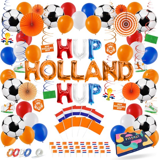 Fissaly 114 Stuks Nederland Decoratie Set – EK Voetbal 2024 - Rood, Wit, Blauw & Oranje Versiering – Koningsdag - Nederlands Thema Feest