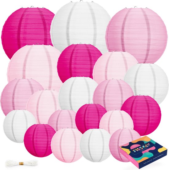 Fissaly 20 Stuks Lampionnen Set Versiering Roze & Wit – Feest Decoratie – Verjaardag, Babyshower & Gender Reveal - Papier