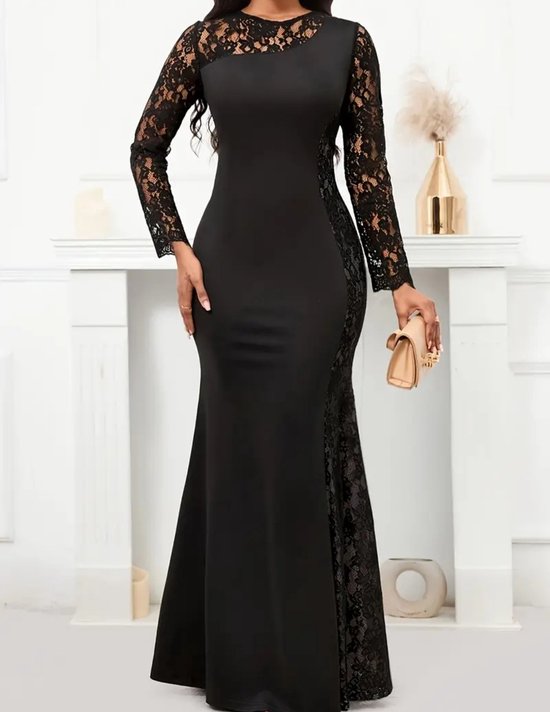 Prachtige sexy elegante corrigerende zwarte lange jurk met kant feestjurk galajurk maat L