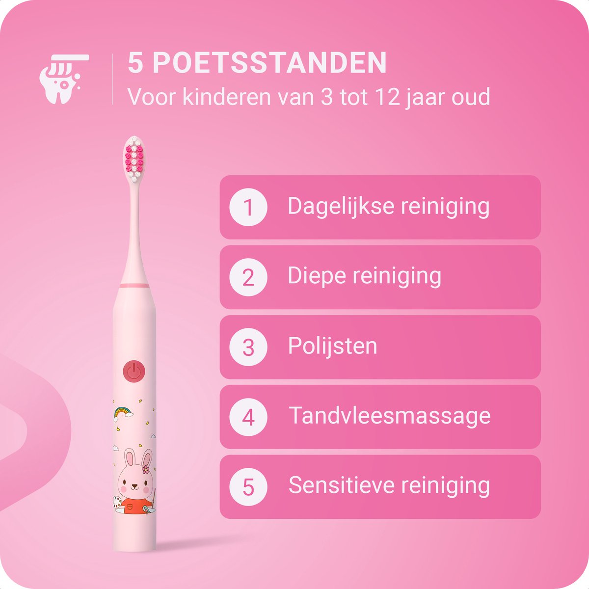 Afbeelding 2 van JT Products Sonische Elektrische Baby Tandenborstel Roze Konijn – Vanaf 3 Jaar - Oplaadbaar - Met Timer - 5 Poetsstanden - Peuter - Kind - Waterdicht - Cadeau Baby - Elektrische Tandenborstel Kinderen - Kindertandenborstel - Electrische Tandenborstel