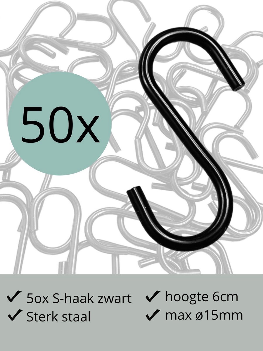 Leathergoodz - 50x S-haakjes Zwart - 6cm/klein - ø15mm - s-haakjes - ophanghaken - handdoekhaakje - S-haken
