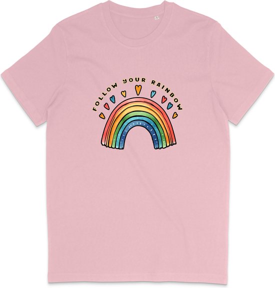 T Shirt Dames en Heren - Regenboog en Tekst: Follow Your Rainbow - Roze - XS