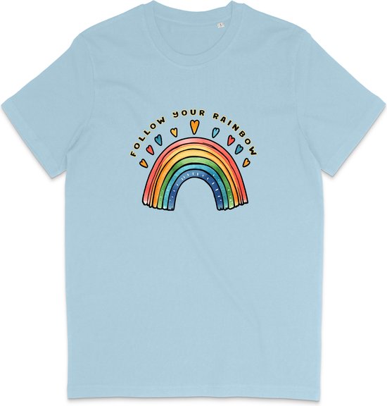 Foto: T shirt dames en heren regenboog en tekst follow your rainbow blauw 3xl