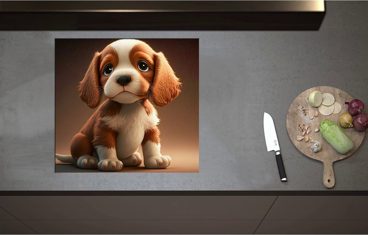 Inductieplaat Beschermer - Aandoenlijke Bruin met Witte Puppy - 59x55 cm - 2 mm Dik - Inductie Beschermer - Bescherming Inductiekookplaat - Kookplaat Beschermer van Zwart Vinyl