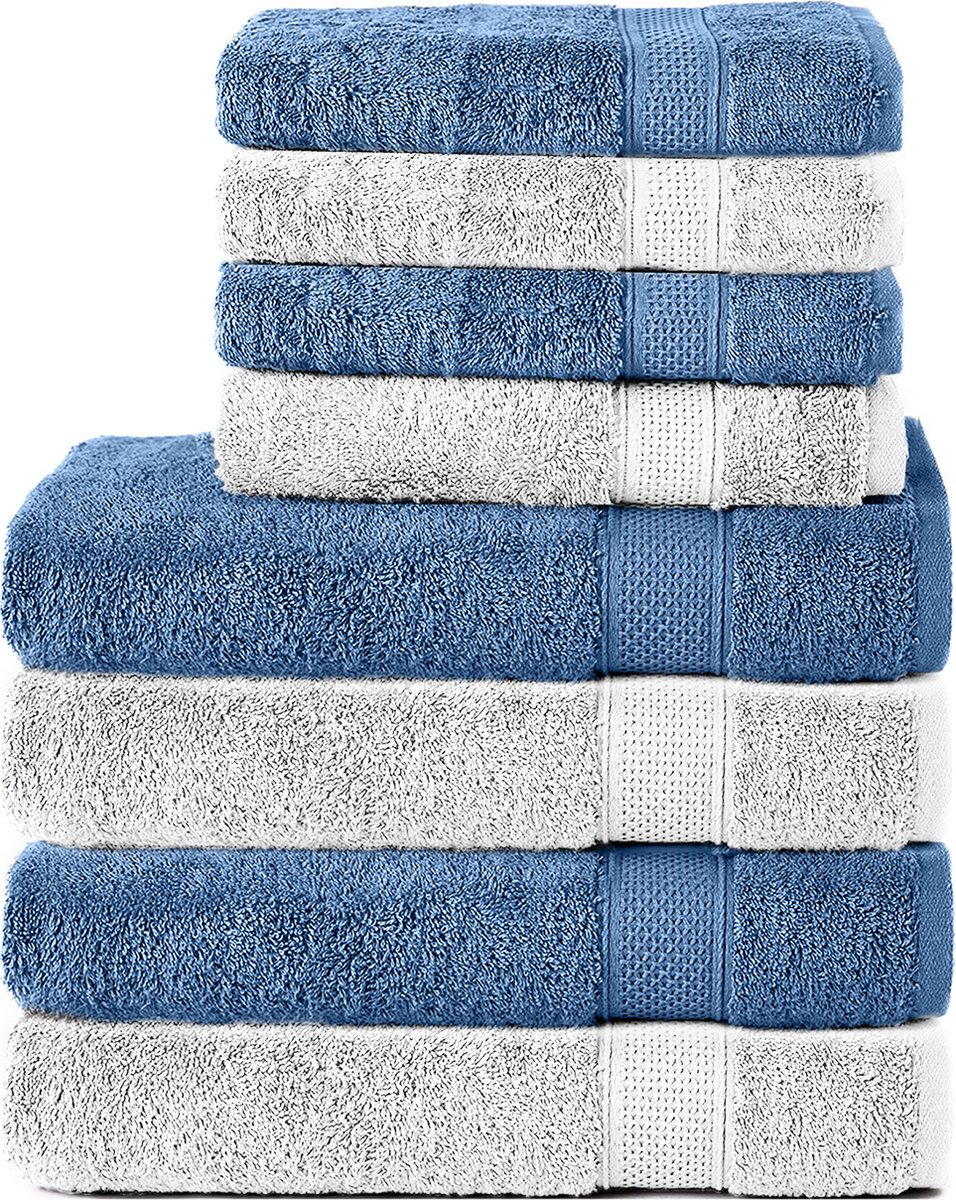 Komfortec Handdoekenset – Set van 8 - 4x Handdoek 50x100 cm en 4x Badhanddoek 70x140 cm - 100% Katoen - Lichtblauw&Wit