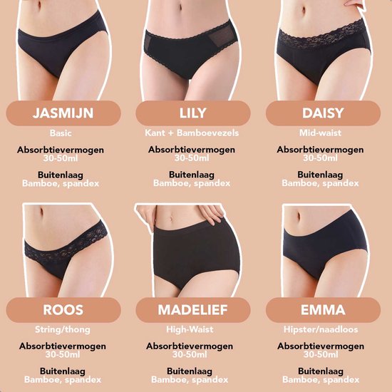 Six styles de culottes: Jasmyn (basique), Lily (dentelle, bambou), Daisy (taille mi-haute, dentelle), Roos (string/thong, dentelle), Madelief (taille haute) et Emma (hipster/sans couture).