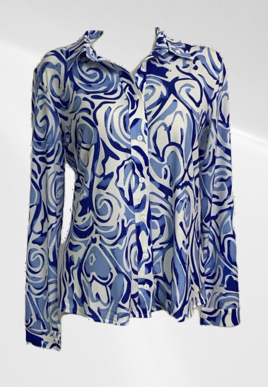 Angelle Milan - Casual blouse - Blauw patroon - Travelstof - Maat XL - In 5 maten verkrijgbaar