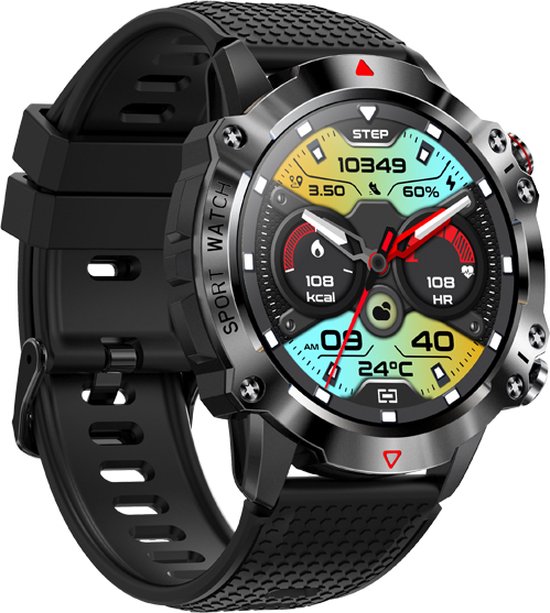Zwarte sport smartwatch met een zilveren ring en een zwarte band met textuur. Het scherm toont stappen, hartslag en temperatuur.