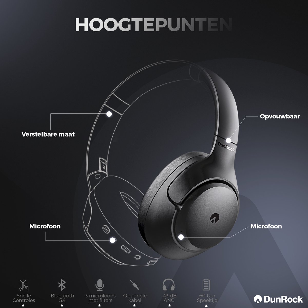 DunRock® Halo koptelefoon met ANC en multipoint - Met DunRock App voor je smartphone - draadloze bluetooth koptelefoon - met filter microfoons — afbeelding 4